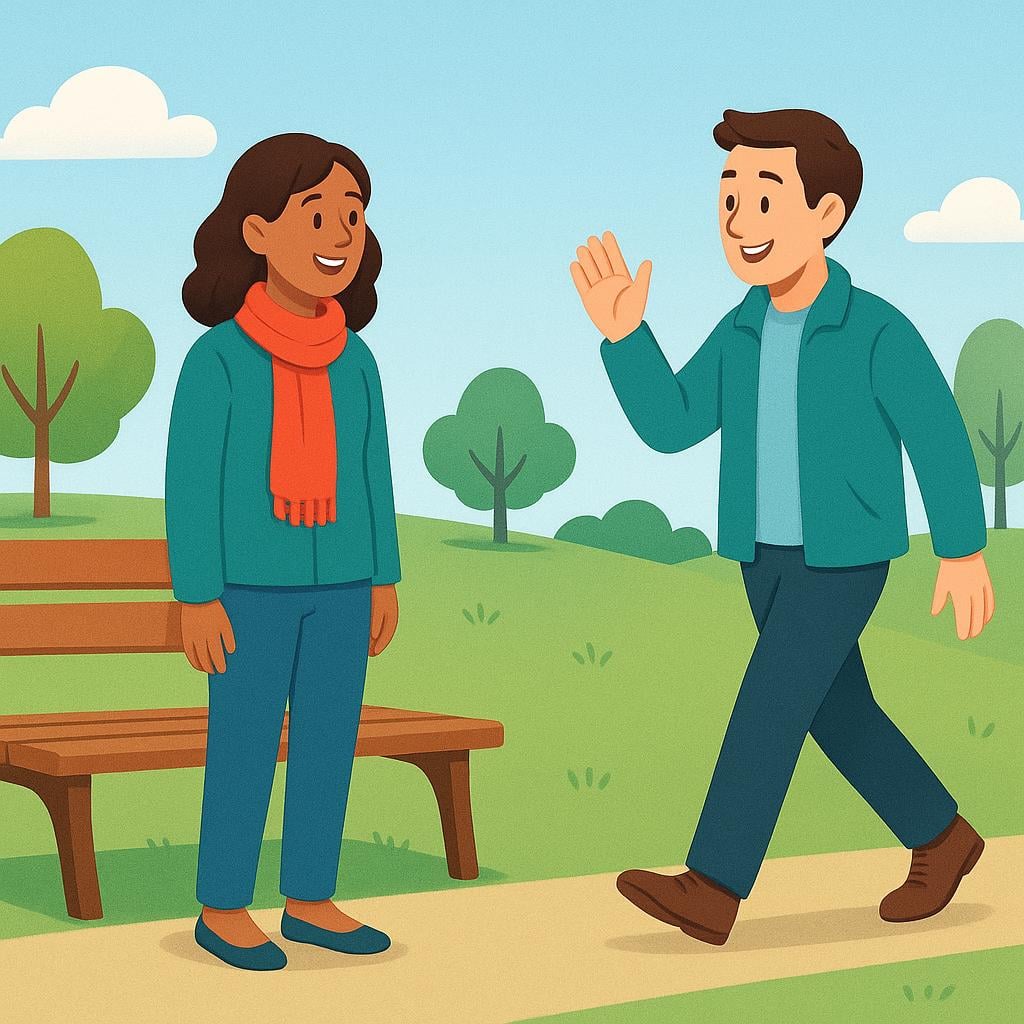 A man waves to a woman who is waiting for him near a park bench, showing they have arranged to meet.