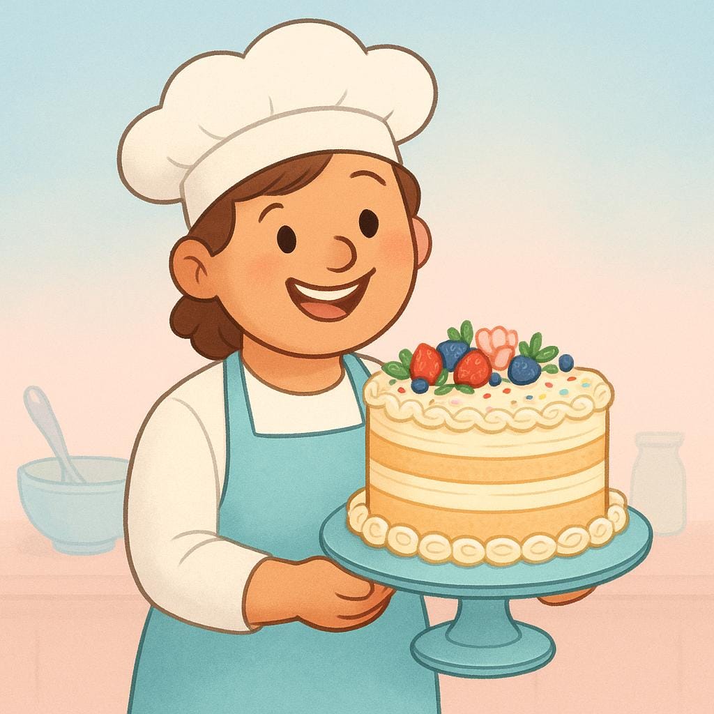 A smiling baker wearing a white hat holds up a perfectly decorated, multi-layered cake with colorful frosting, showing the excellent result of their baking efforts.