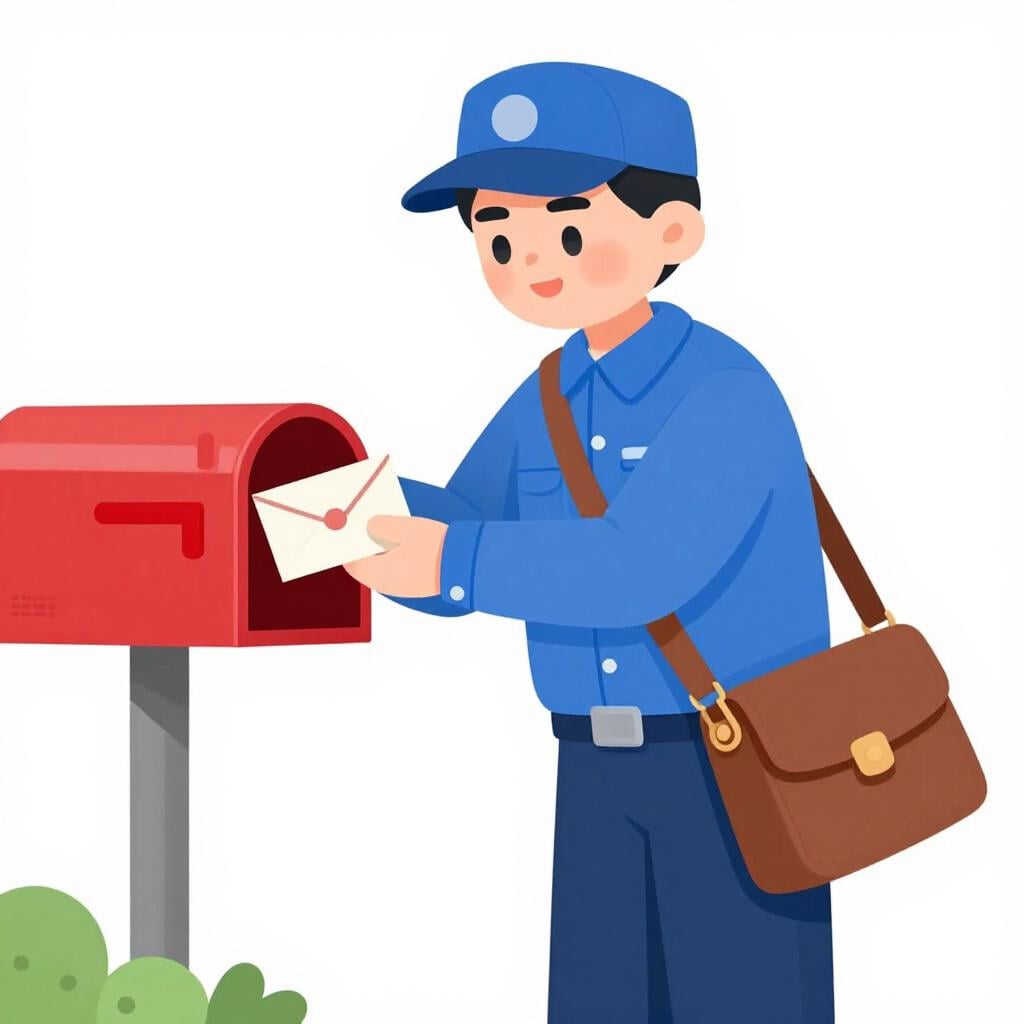 A friendly mail carrier in a blue uniform delivering a letter to a mailbox.