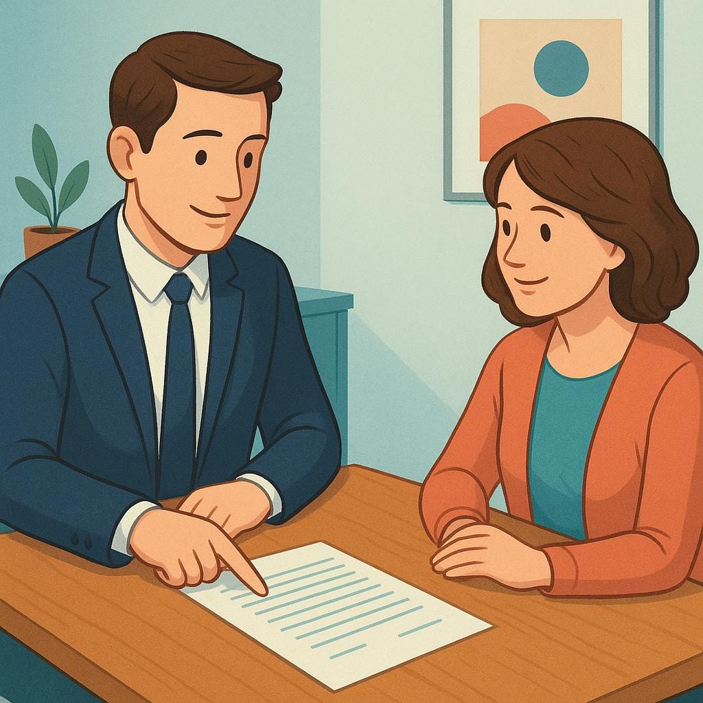 Un homme en costume est assis à un bureau en face d'un client, pointant un contrat et offrant des conseils, symbolisant les services économiques professionnels.