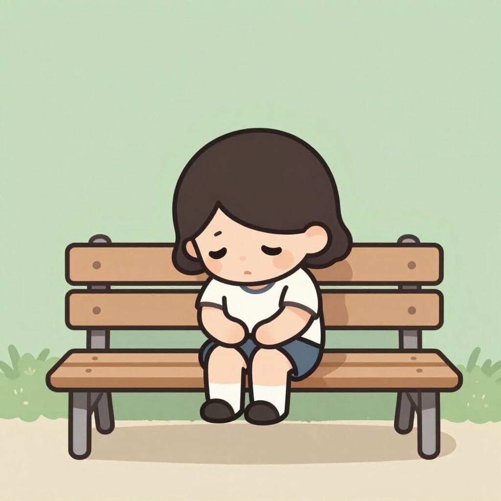 A sad small person sitting on a park bench with shoulders slumped and head down.