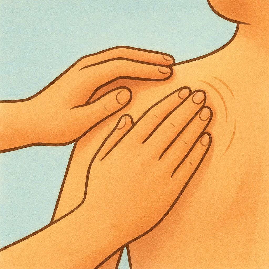 A close-up view showing two hands performing a gentle kneading action on a person's bare shoulder, illustrating a massage.