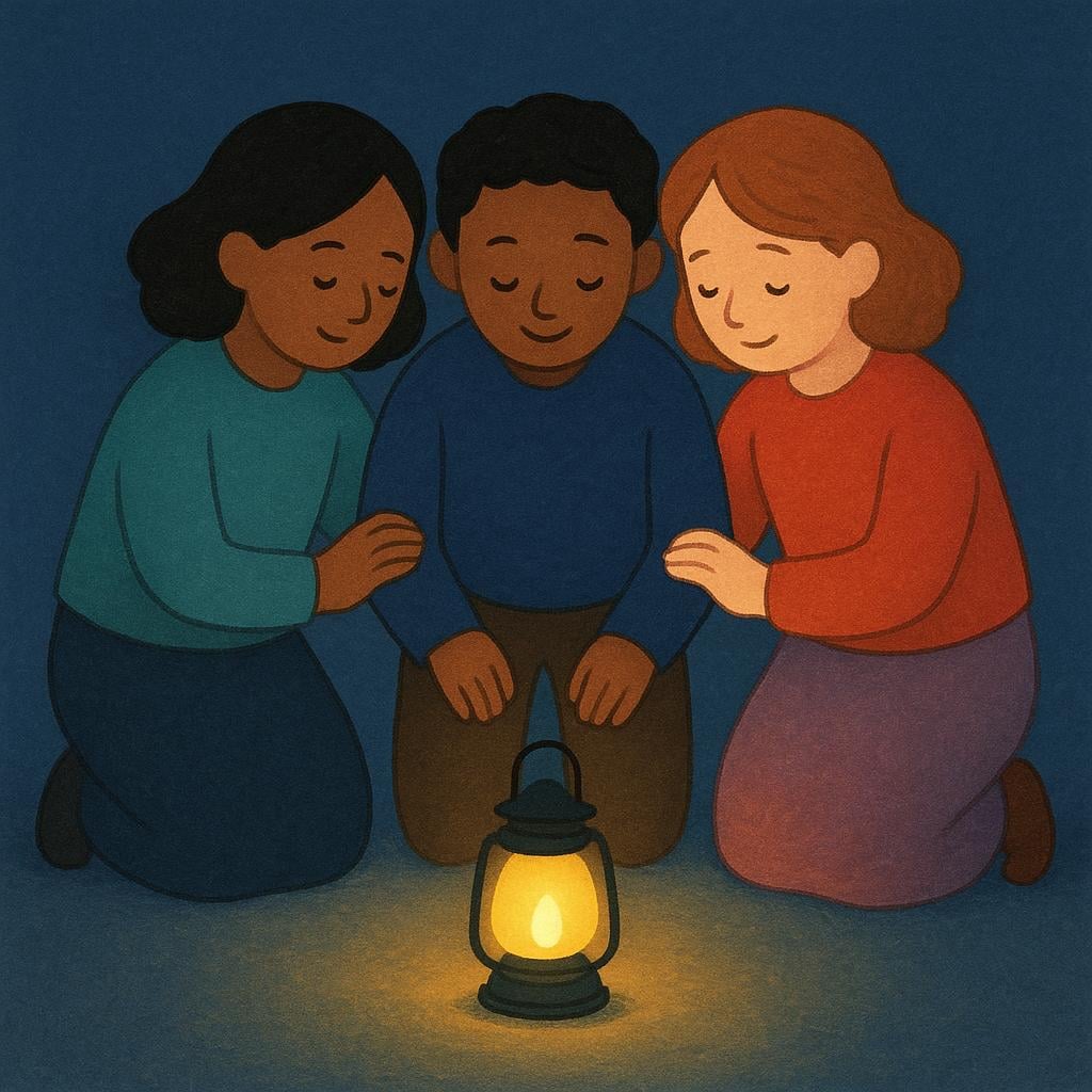 Three stylized figures standing together, guarding a small, glowing yellow lantern on the ground.