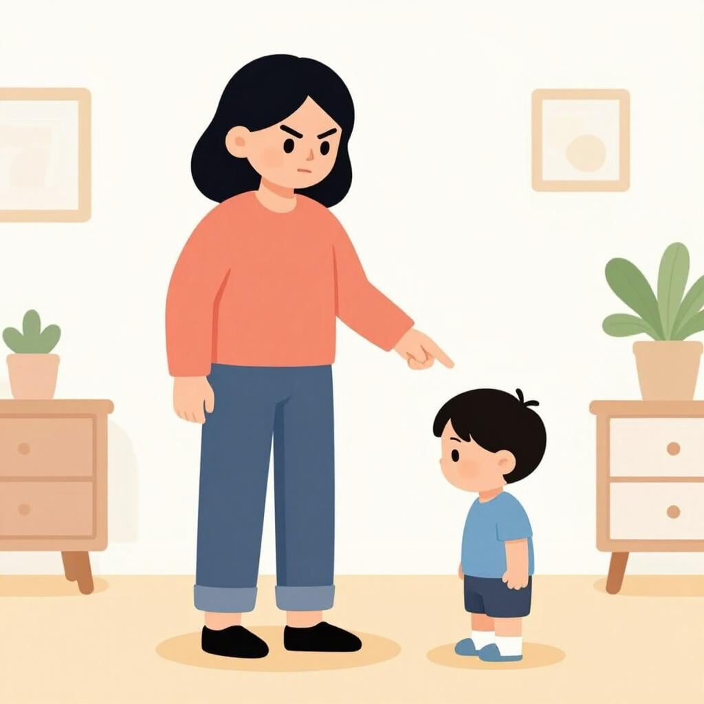 An angry mother pointing her finger while talking to a sad child who is looking down at the floor.