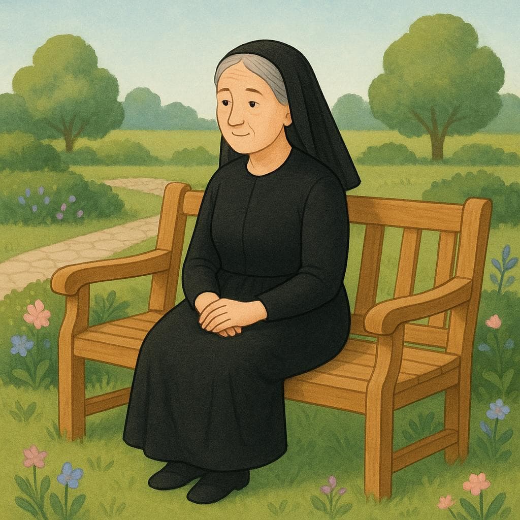 Een solitaire oudere vrouw gekleed in een eenvoudige zwarte jurk en een kleine zwarte sluier, alleen zittend op een houten bankje in een vredige tuinomgeving, wat een weduwe symboliseert.