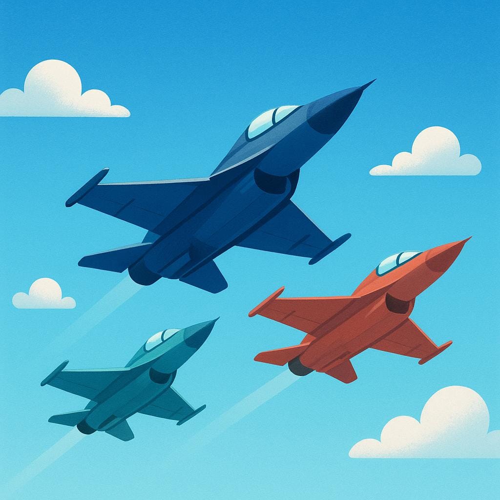 A simple illustration showing three small, stylized fighter jets flying closely together in a tight V-formation against a clear blue sky, representing a military squadron.