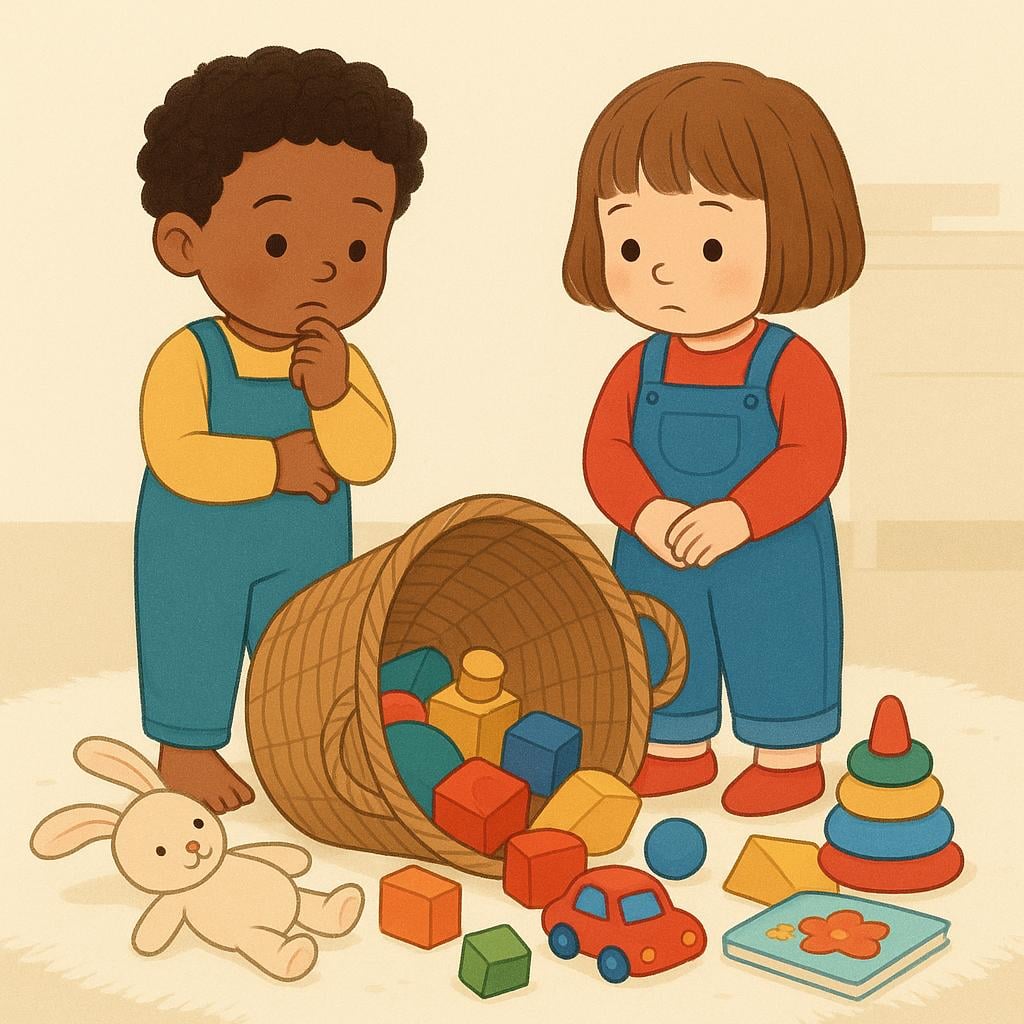 Two small children standing next to a large, colorful pile of blocks and toys that have been spilled, both looking at the mess with expressions of shared responsibility.