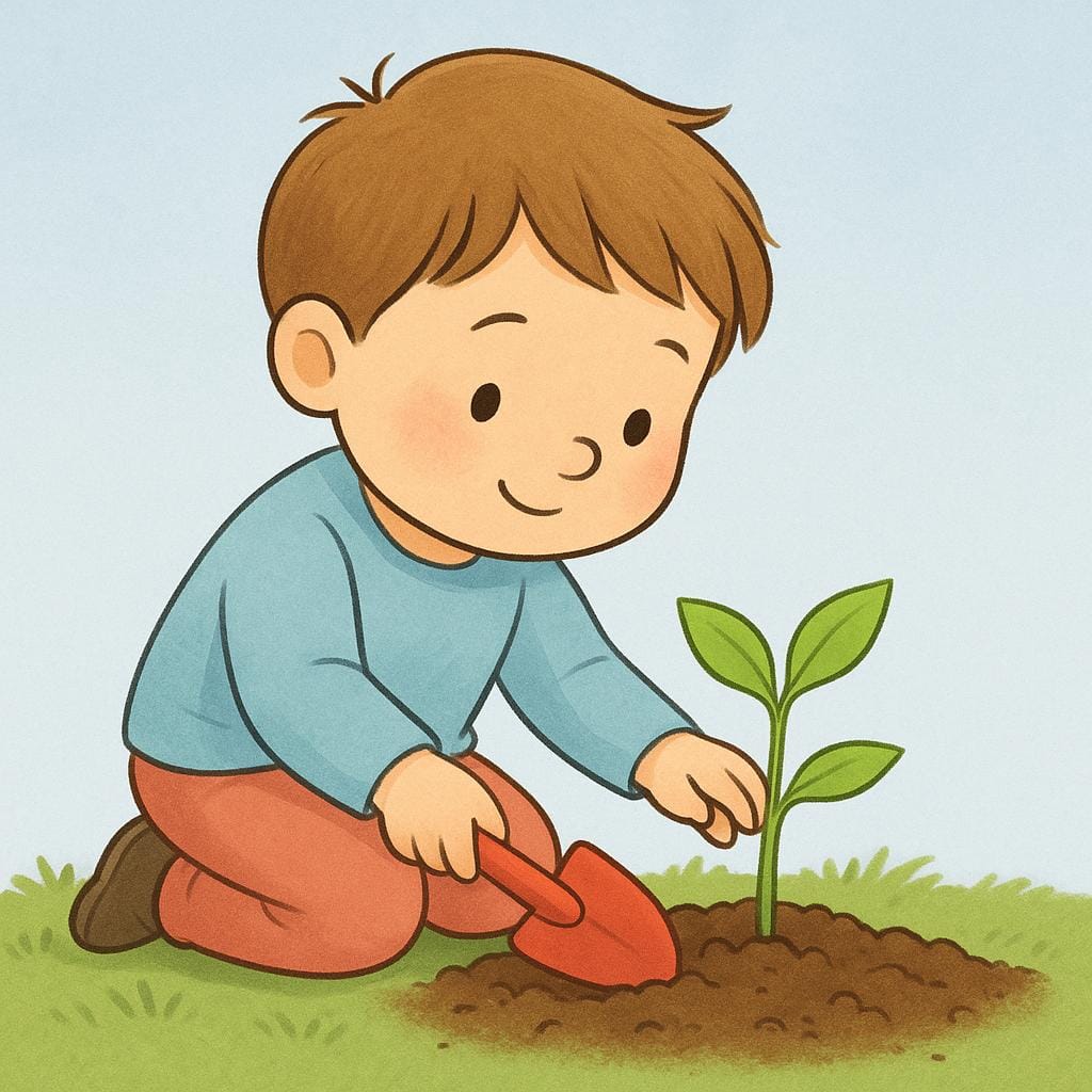 A close-up of a child's hands carefully planting a small green seedling into rich brown soil using a tiny red shovel.