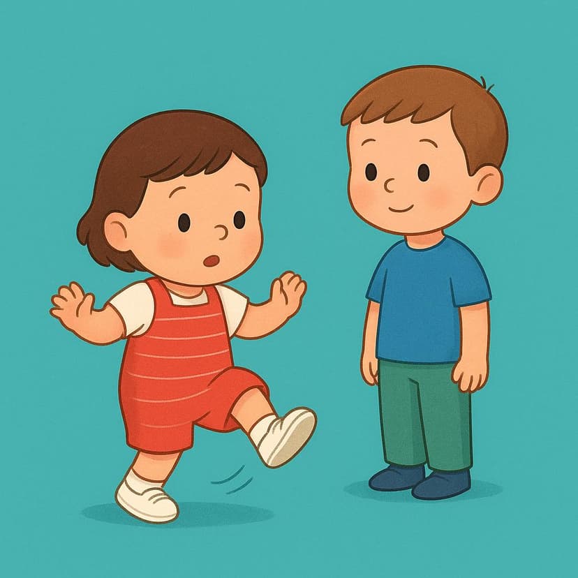 Een eenvoudige kleurrijke illustratie die laat zien hoe één kind actief een stap achteruit zet en afstand neemt van een tweede, stilstaand kind, wat de actie van weggaan symboliseert.