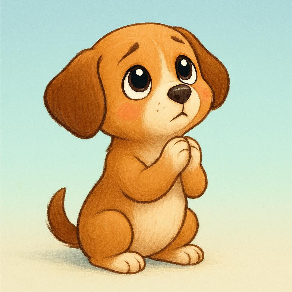 A small, cute puppy sitting up and holding its paws together, looking pleadingly upwards.
