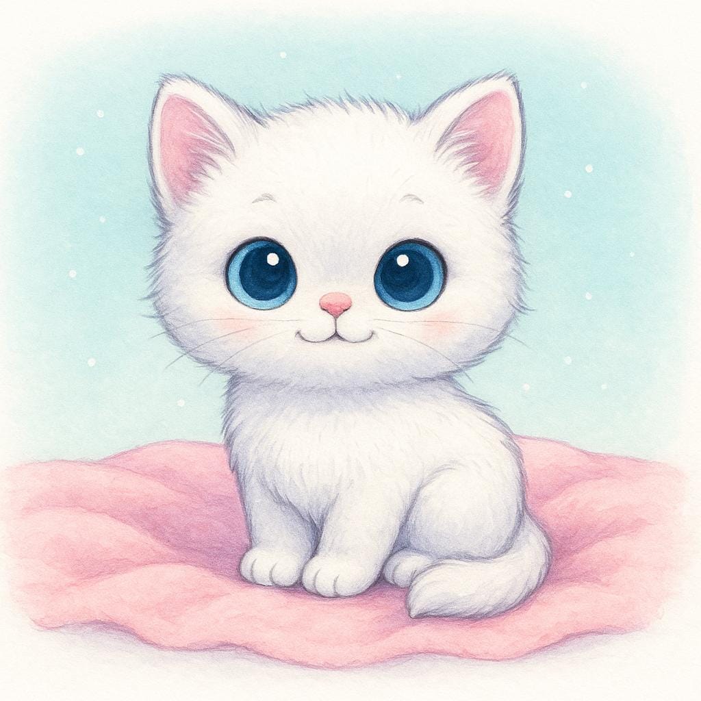 A very small, innocent white kitten with large blue eyes, sitting comfortably on a soft pink blanket.