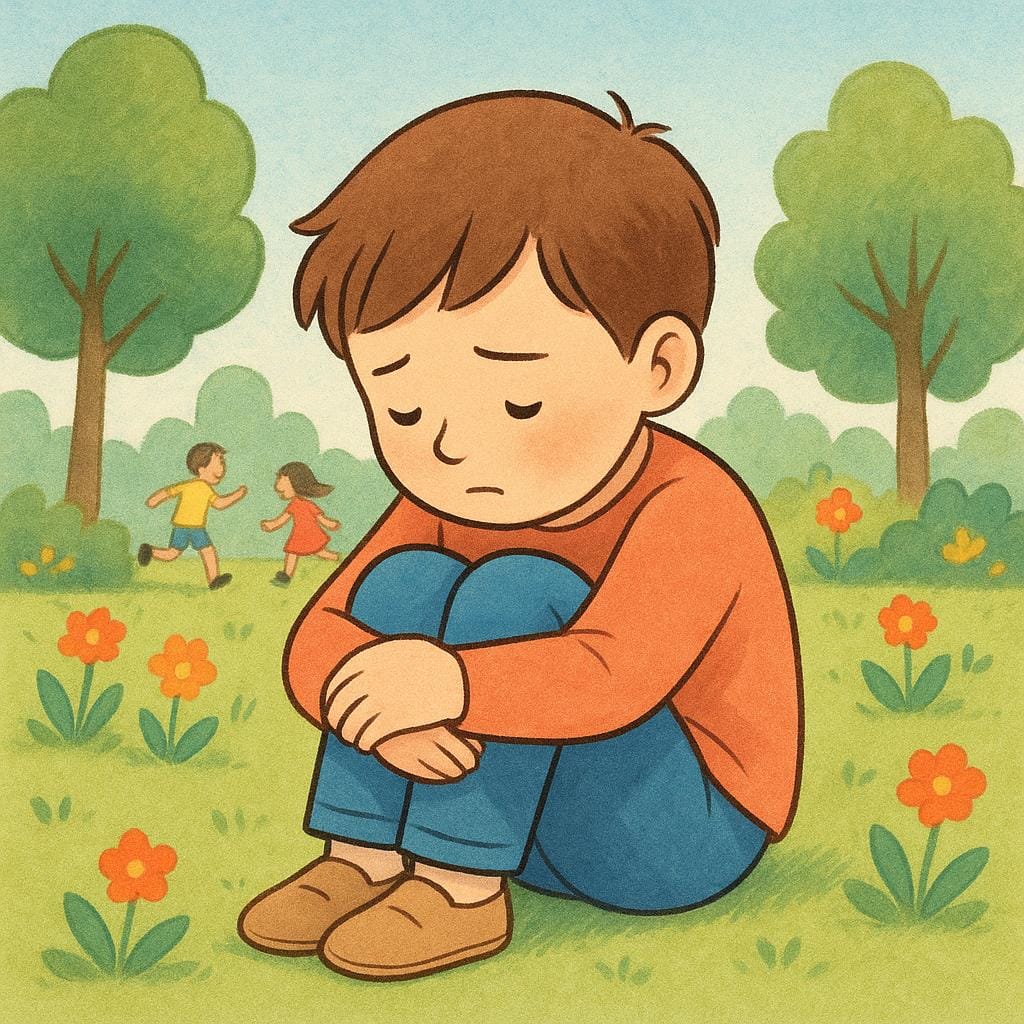 A lone figure of a child sitting quietly on the ground, hugging their knees tightly to their chest and looking down, suggesting a reserved or withdrawn personality.