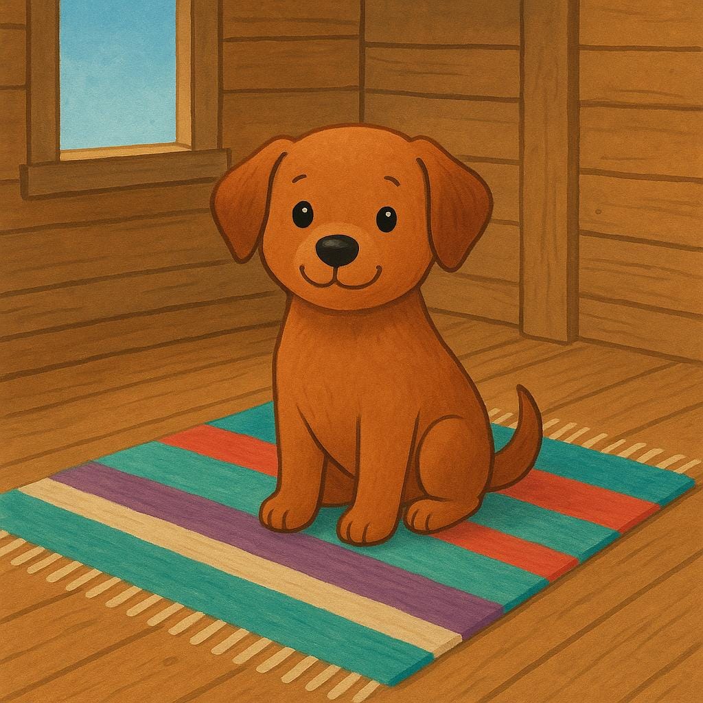 A small, friendly brown dog sitting comfortably on a colorful striped rug inside a cozy wooden cabin, looking content and choosing to remain in place.
