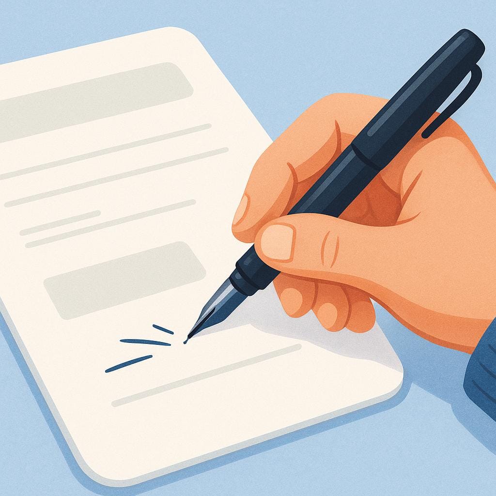 A hand holding a pen is actively filling in blank lines on a simple document or form.