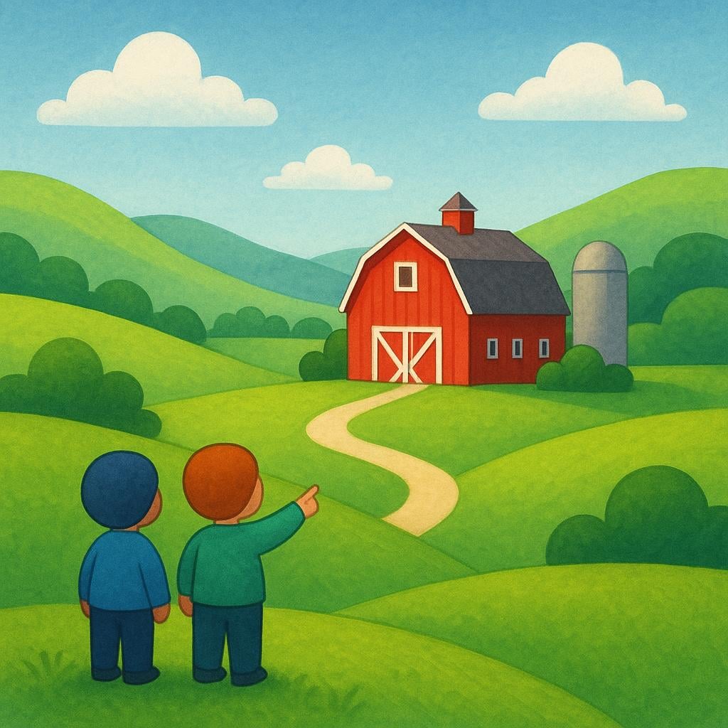 Two small figures standing on a hill, pointing back at a red barn in the valley, symbolizing 'we come from' a place of origin.