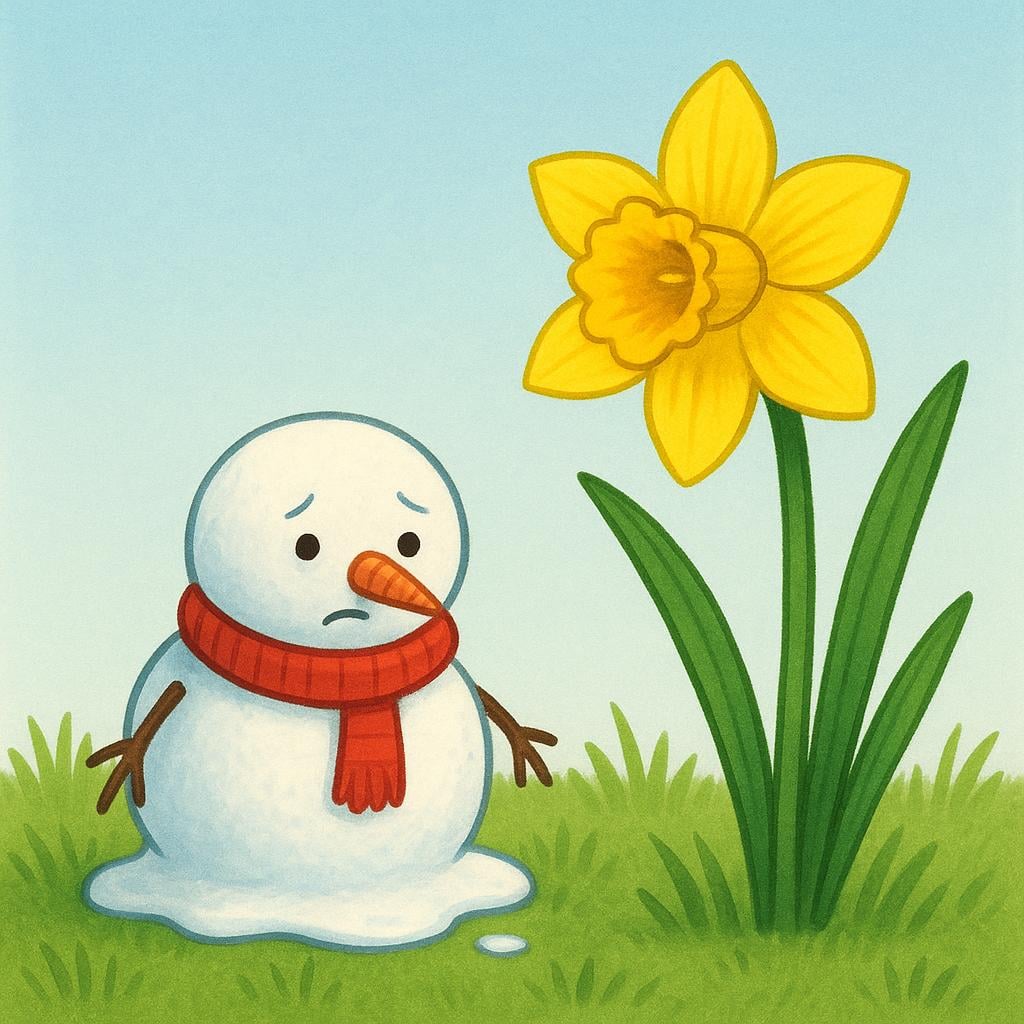A small, partially melted snowman standing next to a single bright yellow daffodil blooming in green grass, signifying the transition from winter to spring.