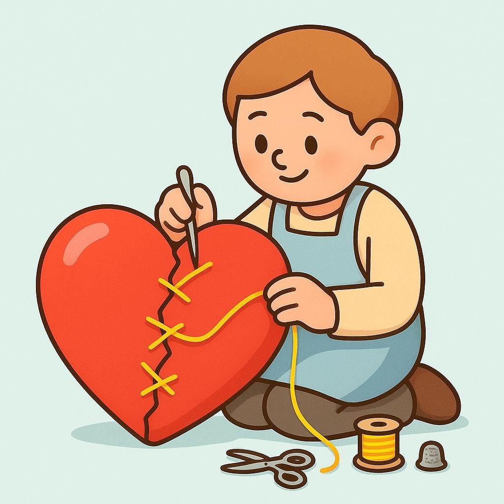 A smiling cartoon character carefully sewing a large crack on a stylized red heart using a needle and bright yellow thread.