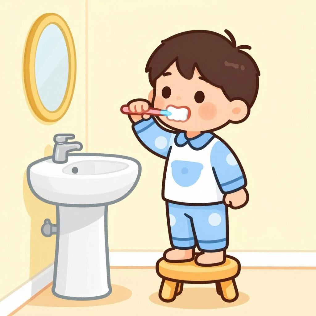 A child in pajamas brushing their teeth in front of a colorful sink.