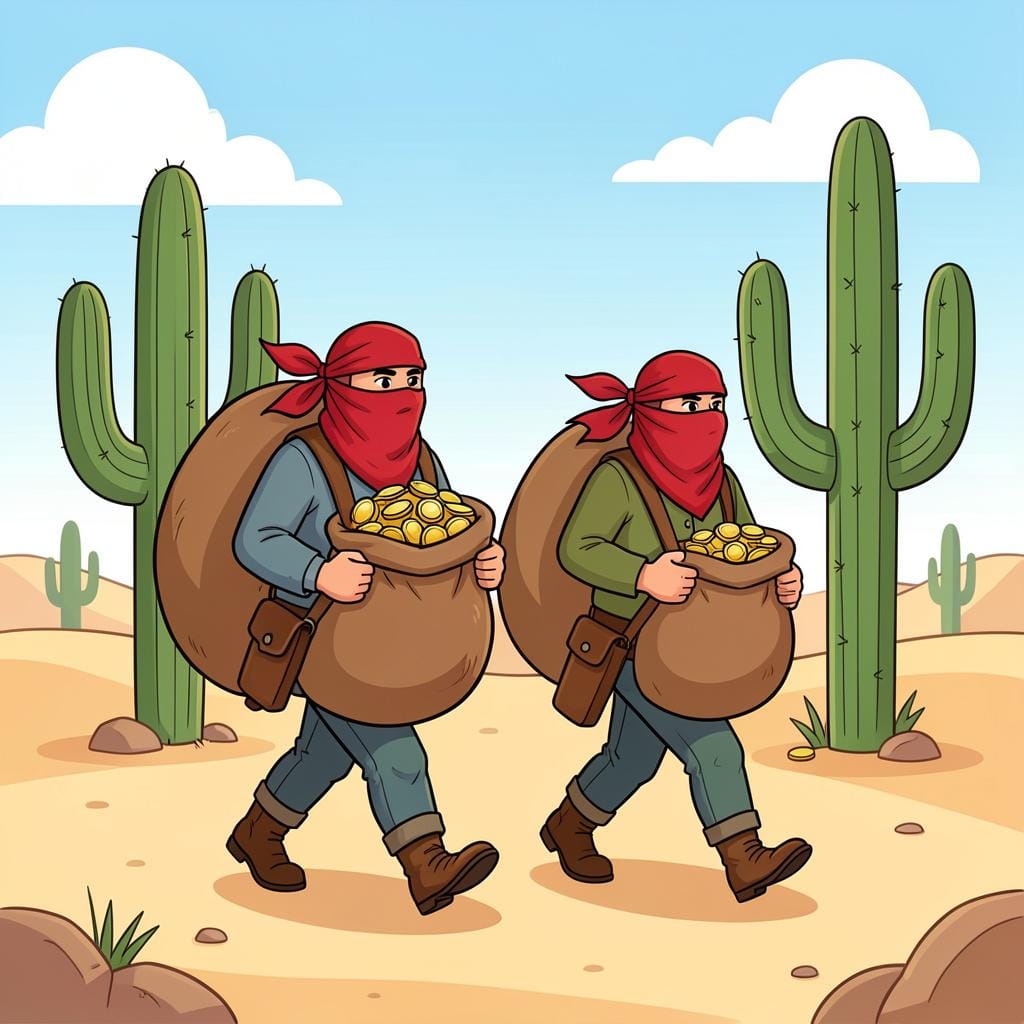 A group of outlaws wearing scarves over their faces and carrying sacks of gold coins.