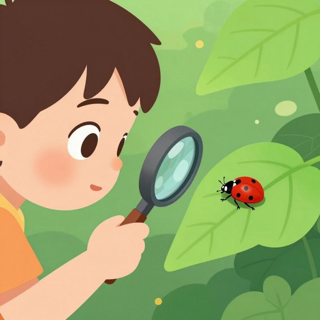 A young child looking through a magnifying glass at a ladybug on a leaf.