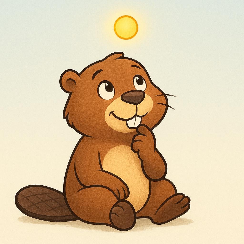 A storybook illustration of a thoughtful cartoon character, a beaver, sitting cross-legged. A small, bright, glowing yellow orb appears suddenly floating above its head, signifying a moment of realization.