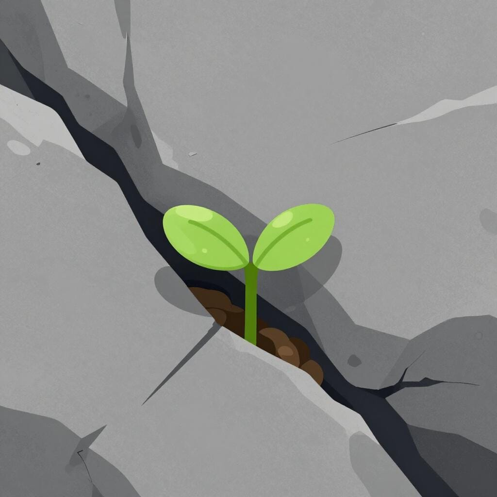 A small green sprout growing through a crack in a hard, grey rock.