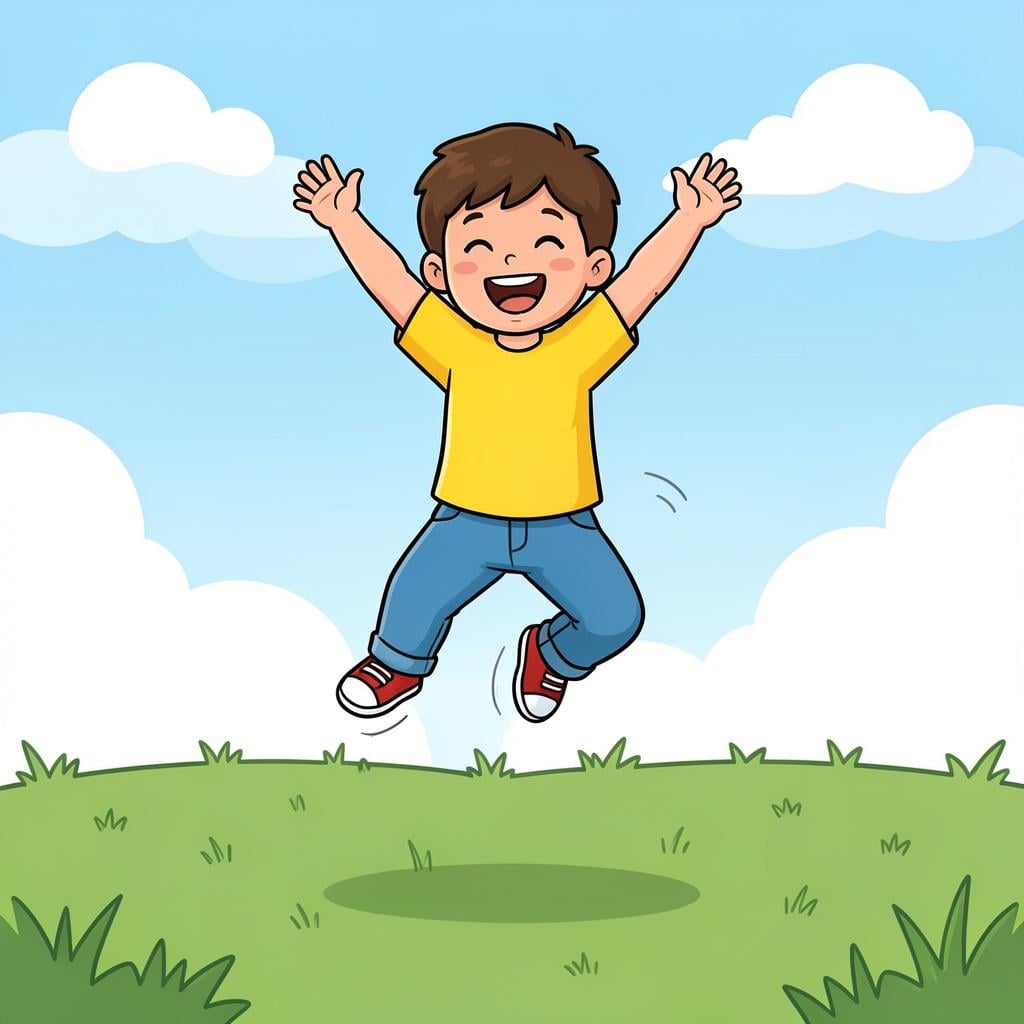 A happy young child jumping high into the air with both feet off the ground.