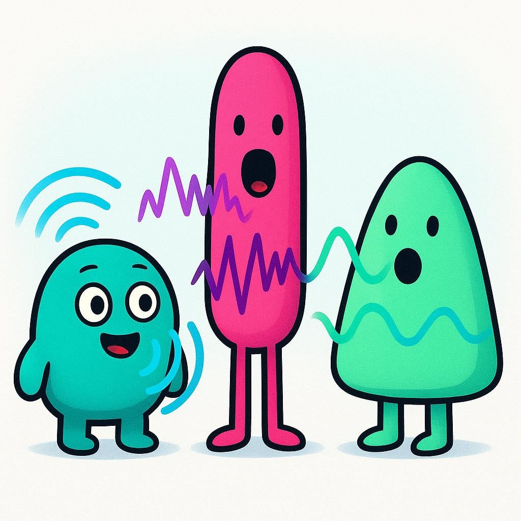 Three diverse, colorful storybook characters standing together, each with visible sound waves emanating from their mouths, representing multiple voices.