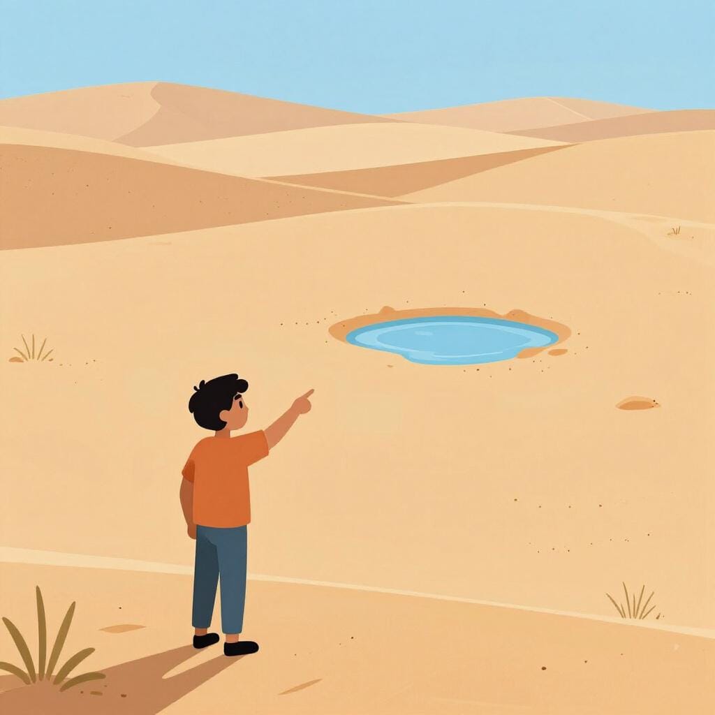 A person looking confused while pointing at a single small puddle in the middle of a dry desert.