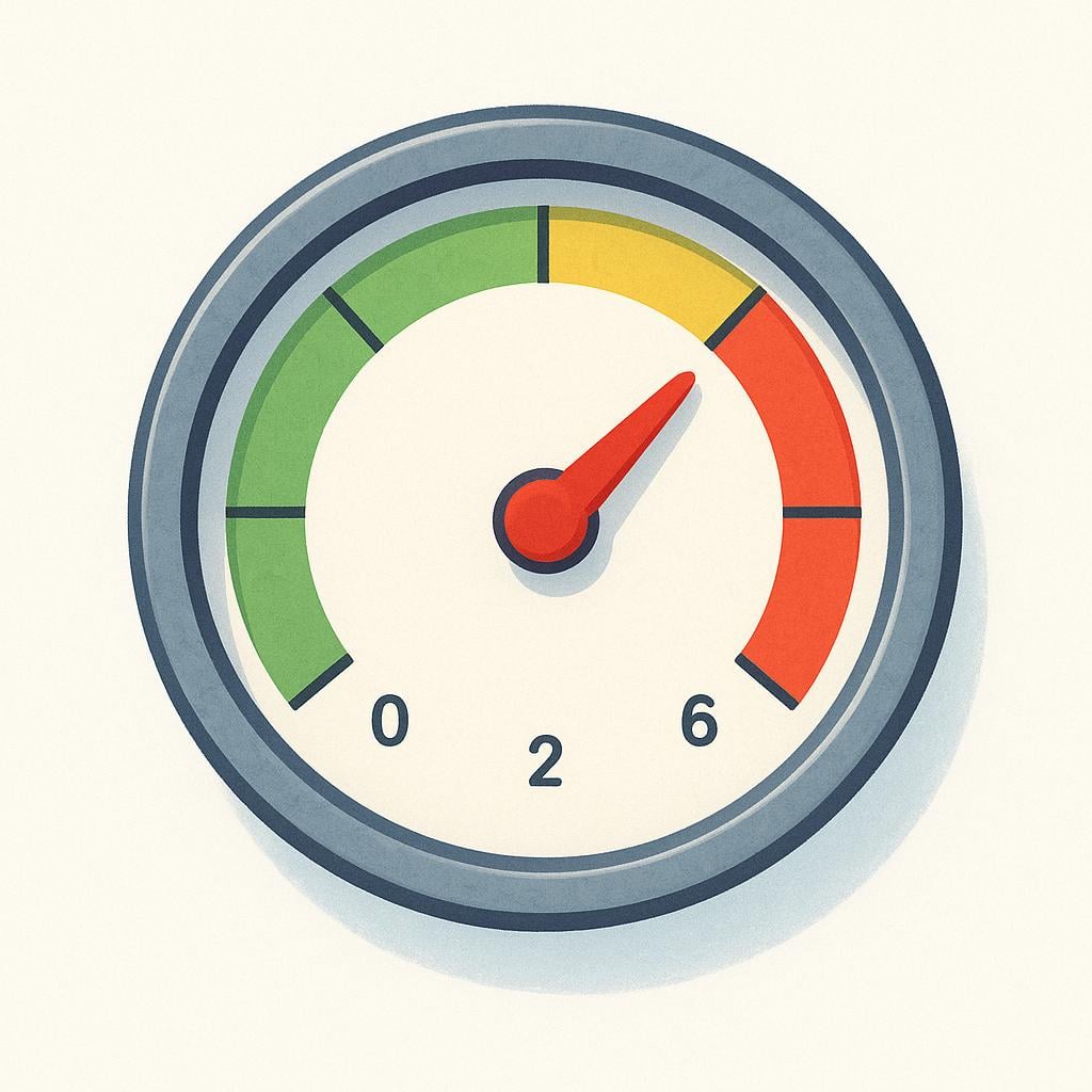 A close-up of a round gauge with a needle pointing to a colored scale.