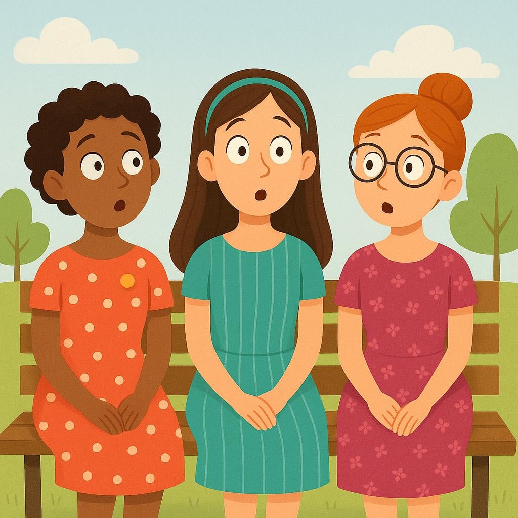 A simple storybook illustration of three brightly dressed women sitting on a park bench, all looking in different directions with wide, confused eyes, representing a group of crazy women.