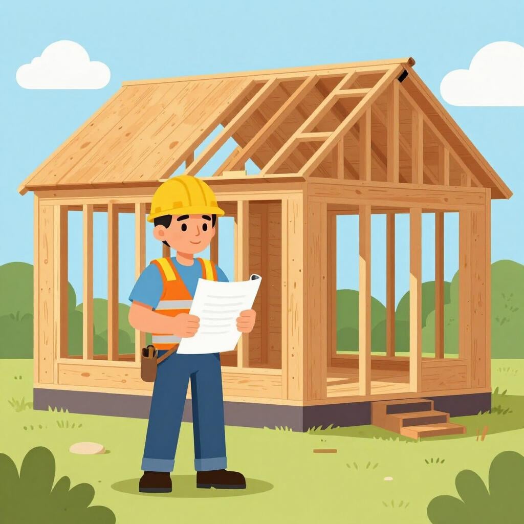 A person wearing a yellow hard hat holding a rolled-up blueprint in front of a new house under construction.
