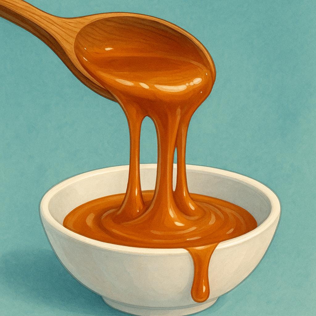 A thick stream of golden-brown caramel sauce dripping slowly from a wooden spoon into a white bowl.