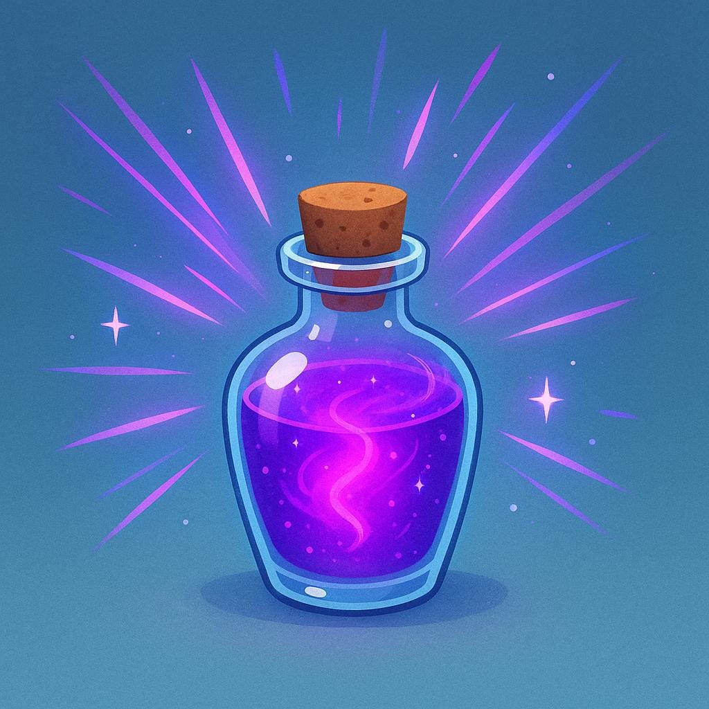 A tiny, clear glass potion bottle filled with intensely glowing purple liquid, radiating strong energy beams, representing a potent chemical.
