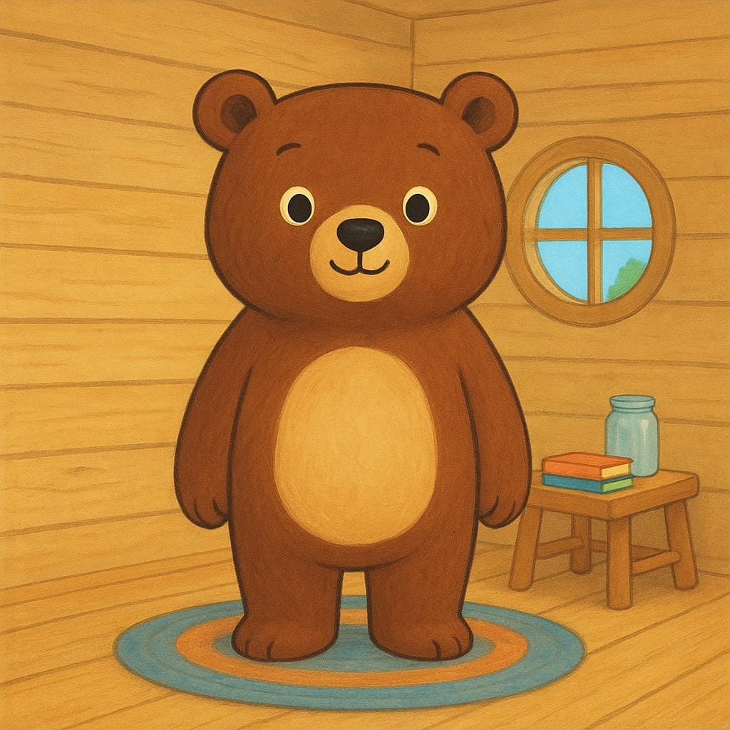 A friendly bear standing in the center of a rustic wooden cabin, illustrating physical attendance in a specific location.