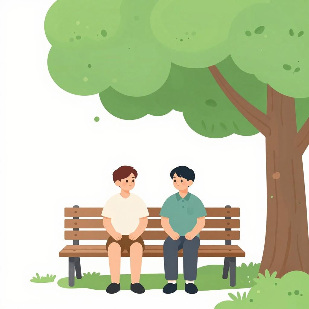 Two people sitting calmly on a park bench under a large tree, looking peaceful.