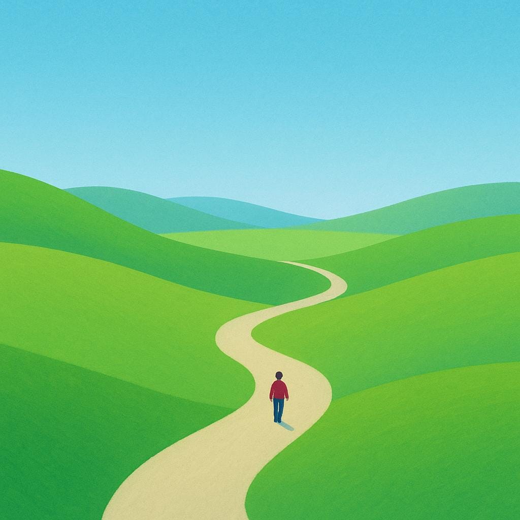 A vast, empty landscape of rolling green hills under a bright sky. In the far distance, a single, small human figure is walking alone, emphasizing the count of one person.