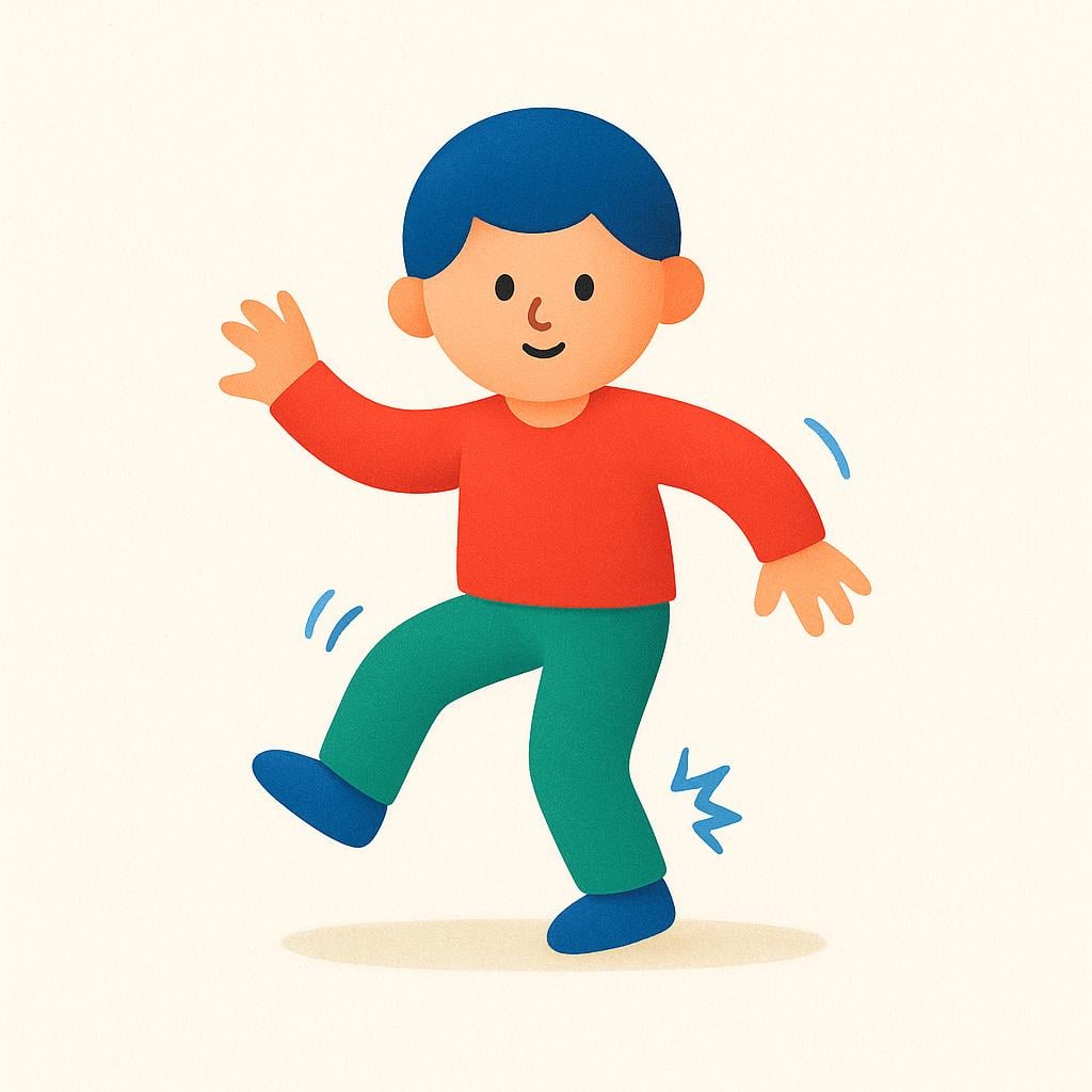 A high quality simple colorful storybook illustration showing a simplified human figure whose limbs are depicted in mid-air, indicating sudden, involuntary, jerky movements associated with chorea.