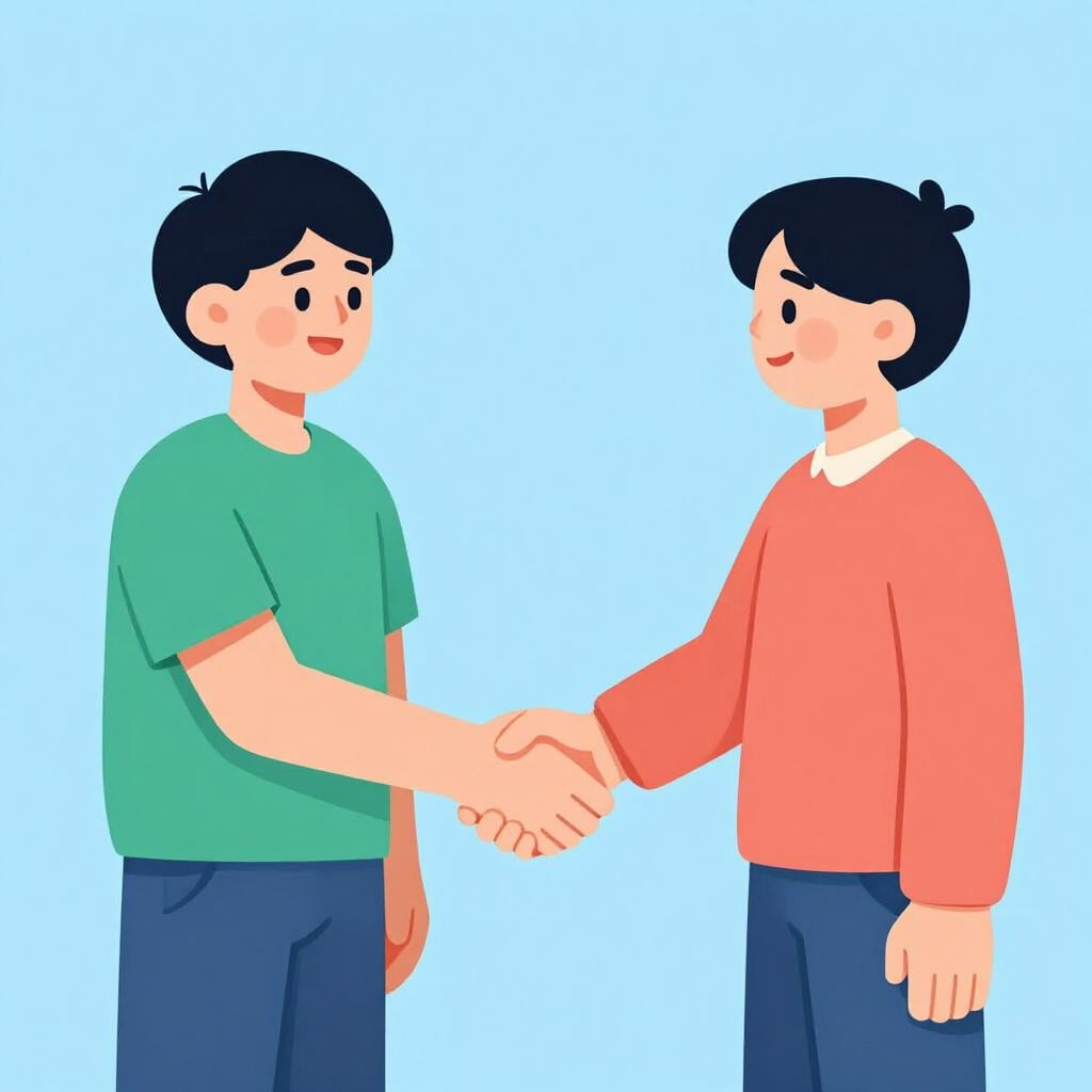 Two people from different backgrounds shaking hands in front of a simple, colorful background.