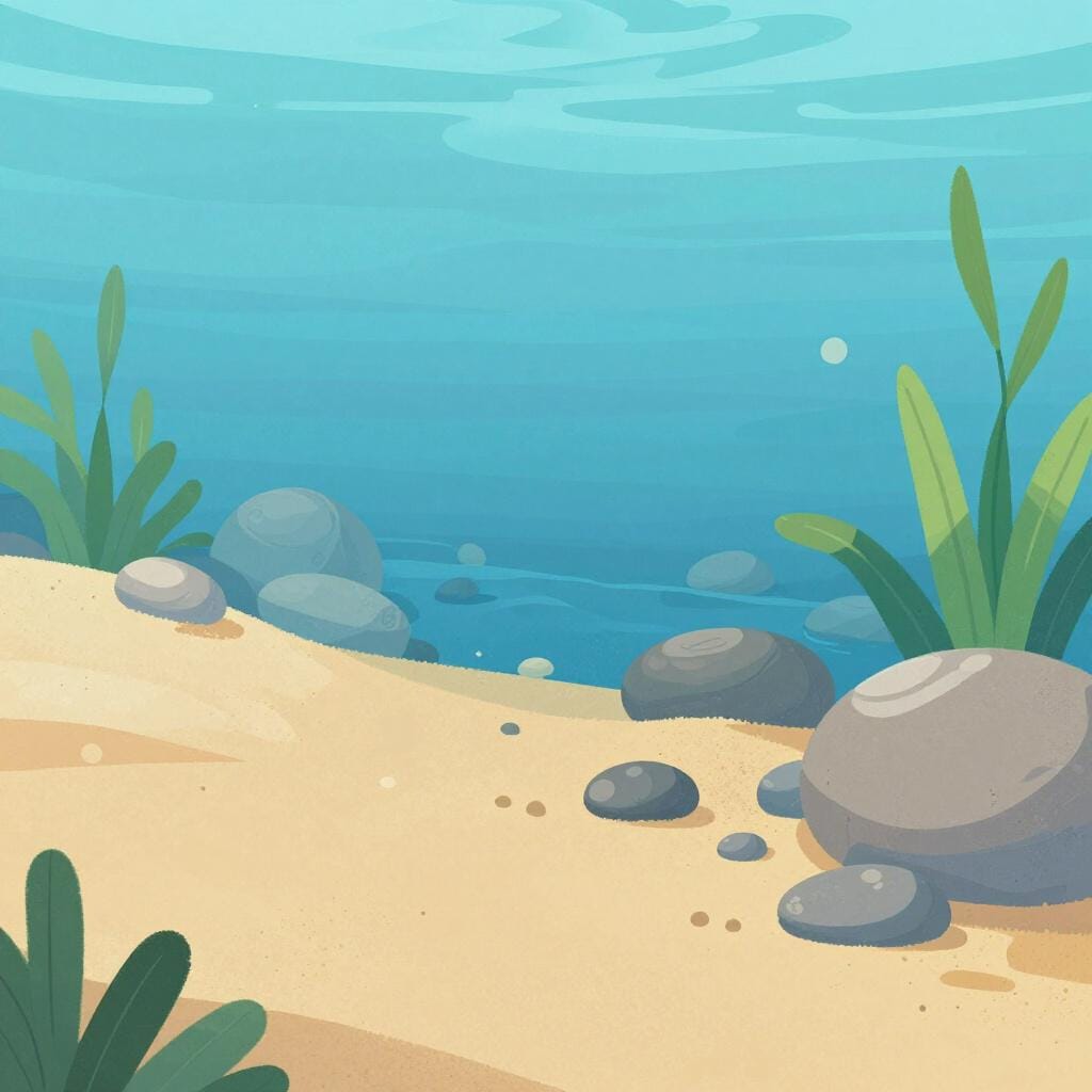 The sandy bottom of a clear blue river with smooth stones and small plants underwater.