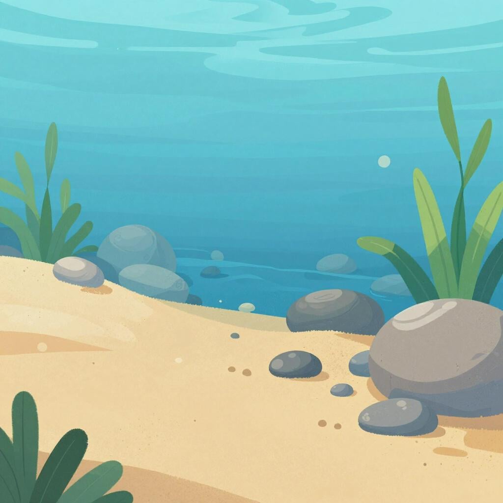 The sandy bottom of a clear blue river with smooth stones and small plants underwater.