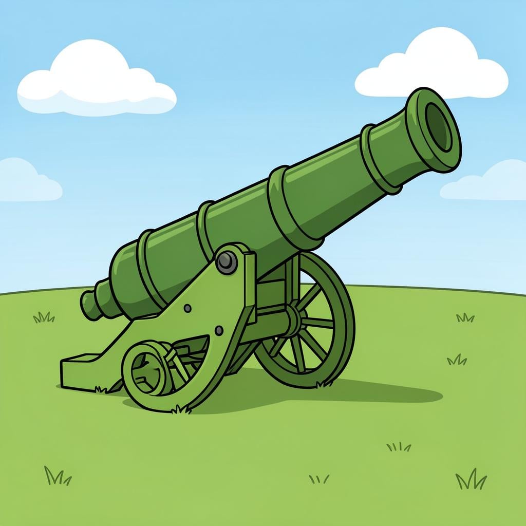 A large green military cannon positioned on a grassy field.