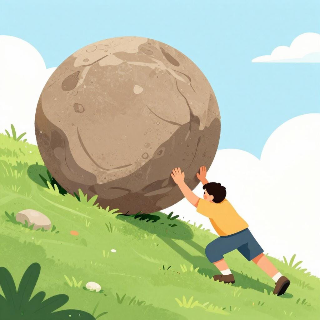 A person pushing a very large, heavy boulder up a steep green hill.
