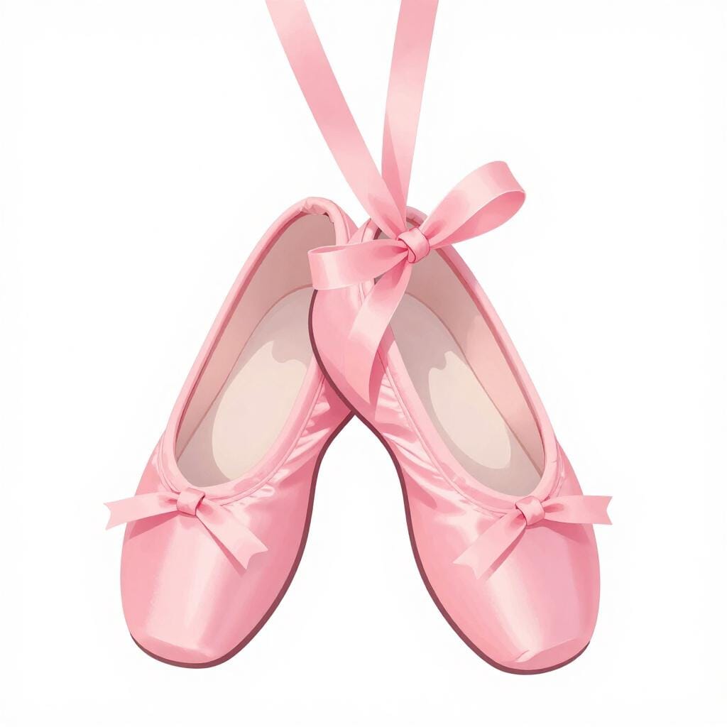A pair of pink satin ballet slippers with long ribbons.