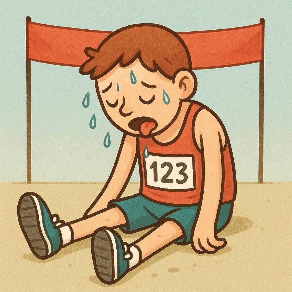 A cartoon runner slumped over, sweating heavily, looking completely exhausted after finishing an activity.