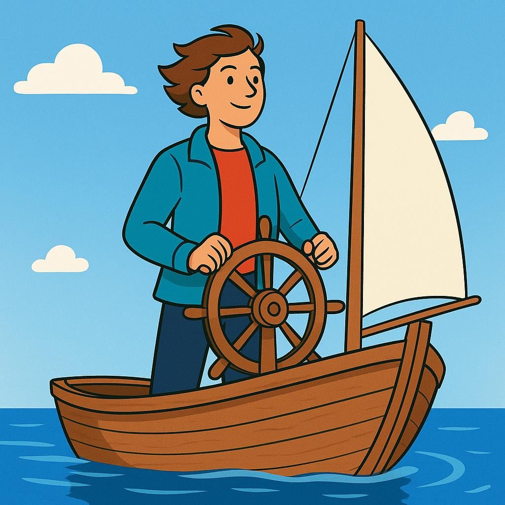 A confident person standing in a small wooden sailboat, firmly gripping the ship's steering wheel while navigating calm blue water.