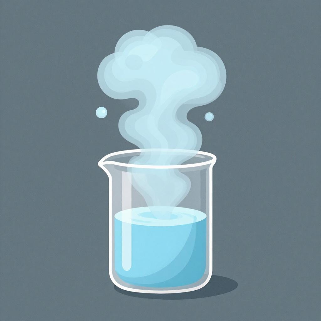 A transparent glass beaker with light, wispy, blue-tinted vapor rising out of it, symbolizing the gaseous state of matter.