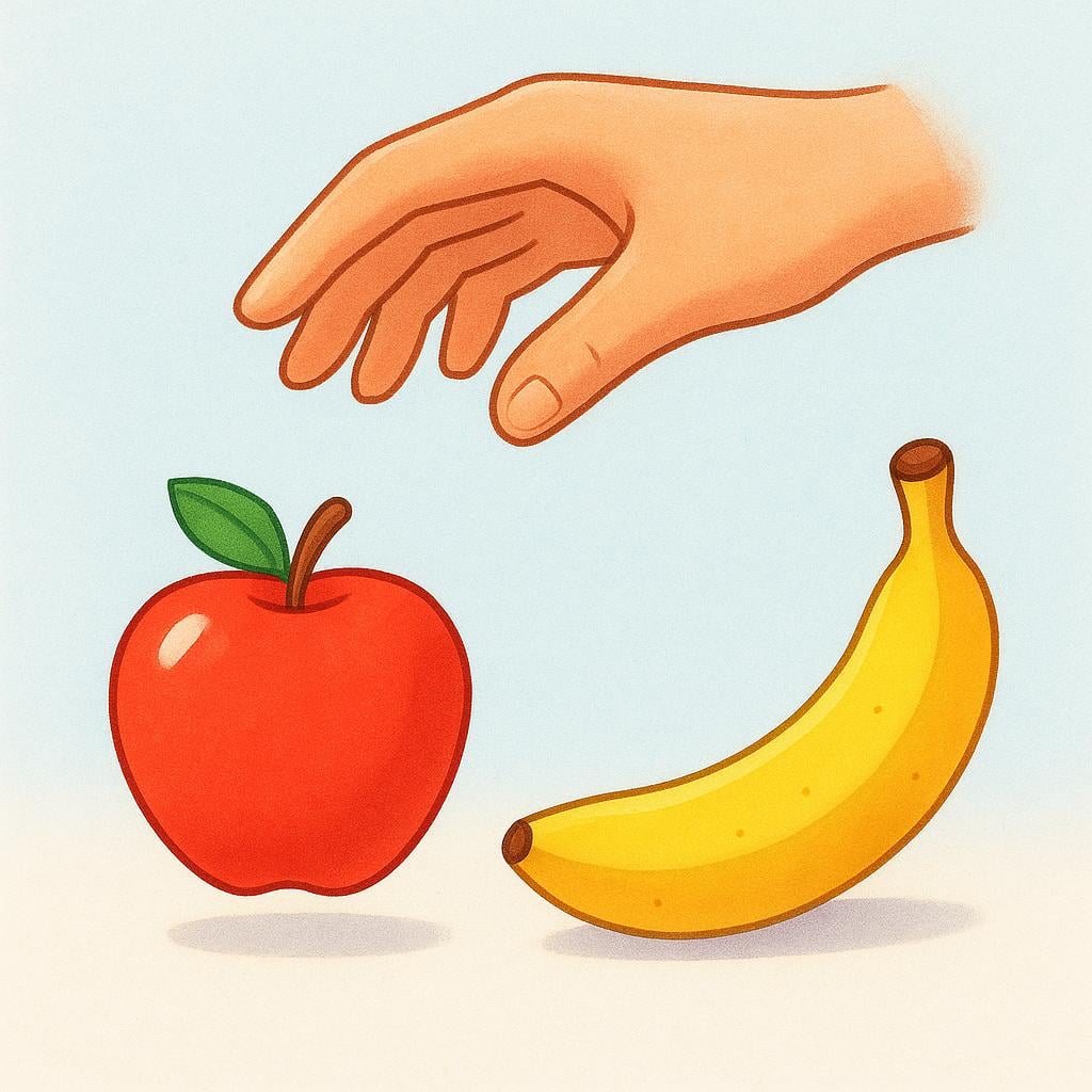 A hand reaching out, hovering between a brightly colored red apple and a yellow banana, illustrating the concept of having a choice.