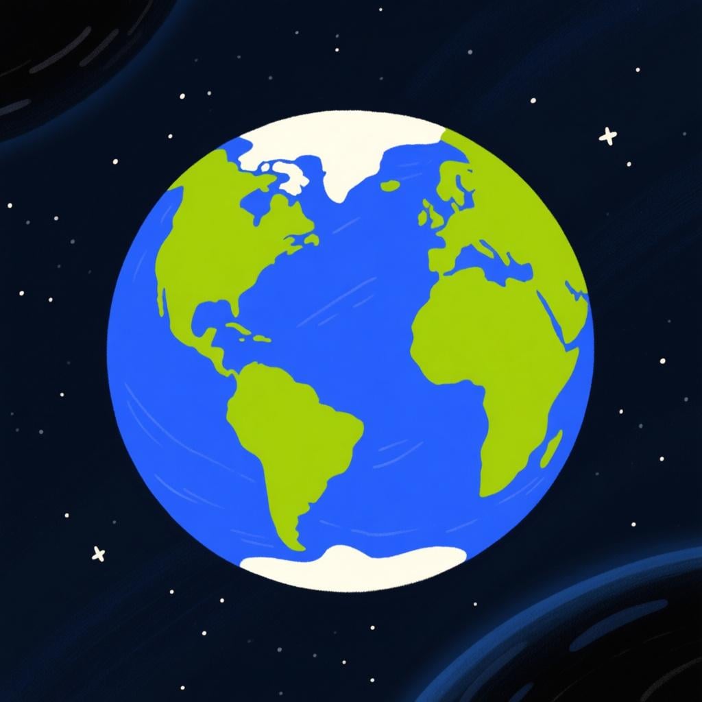 A colorful storybook illustration of the planet Earth, clearly showing blue oceans and green continents, floating in the dark void of space.