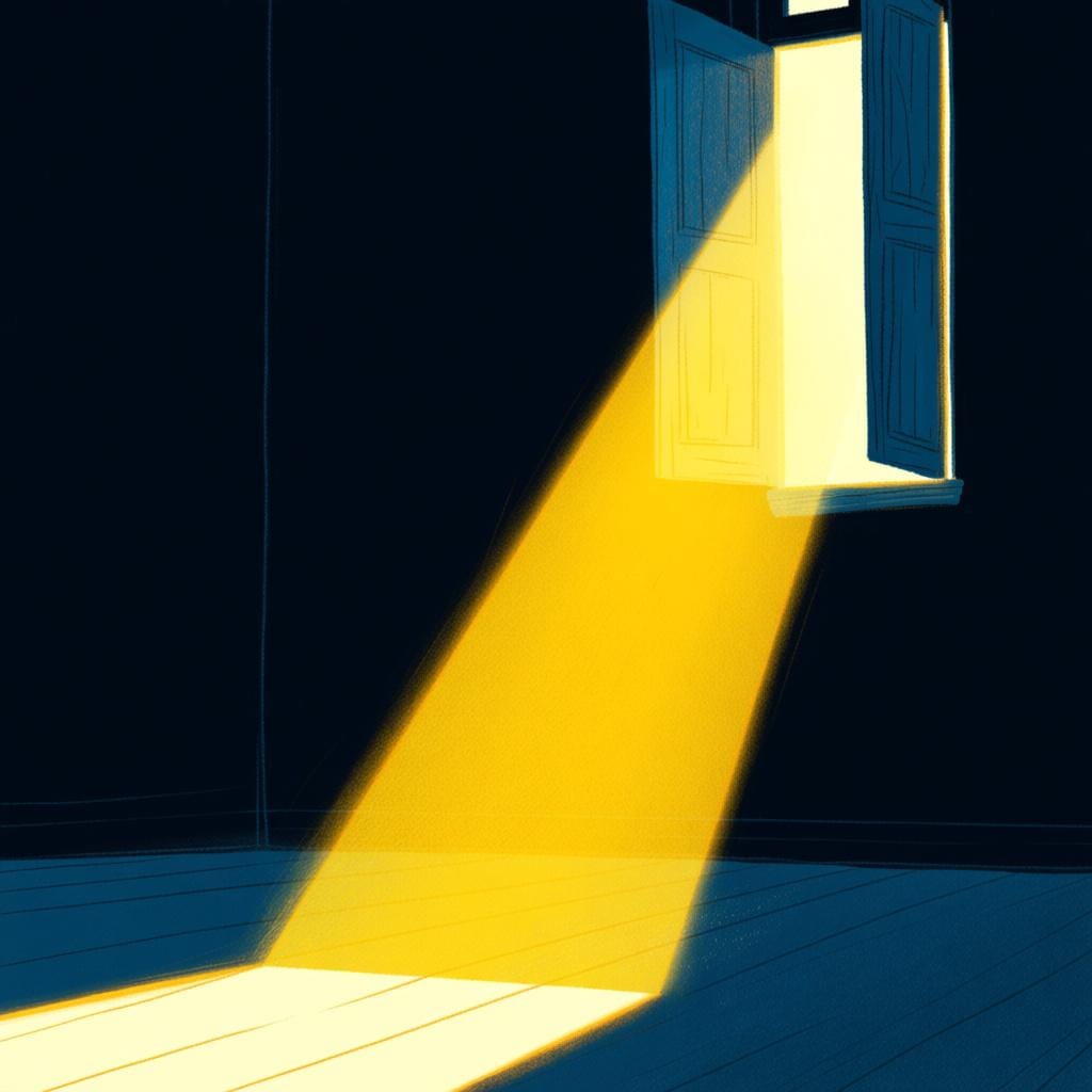 A strong, concentrated shaft of golden light shining through a small opening into a dark, dusty space.